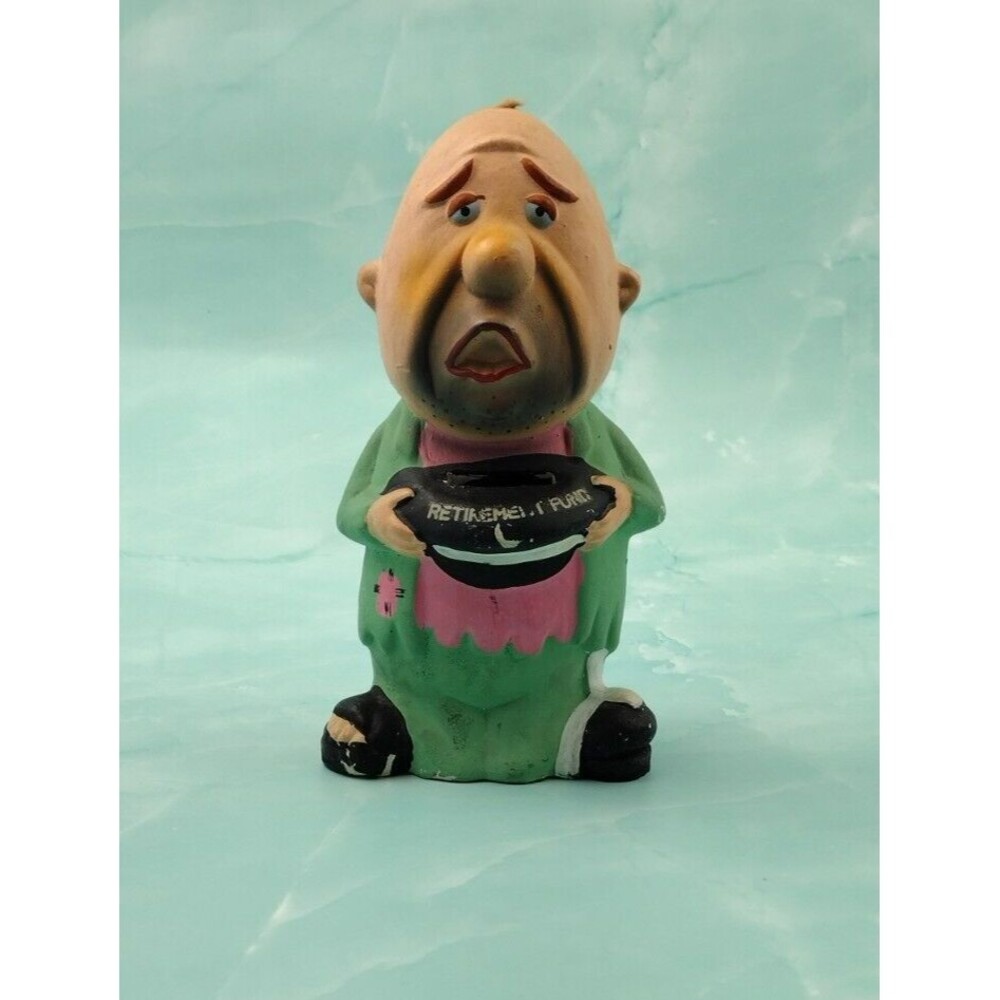 Retirement Fund Piggy Bank Bum Man Hobo Chalkware Ceramic Figurine Vintage READ